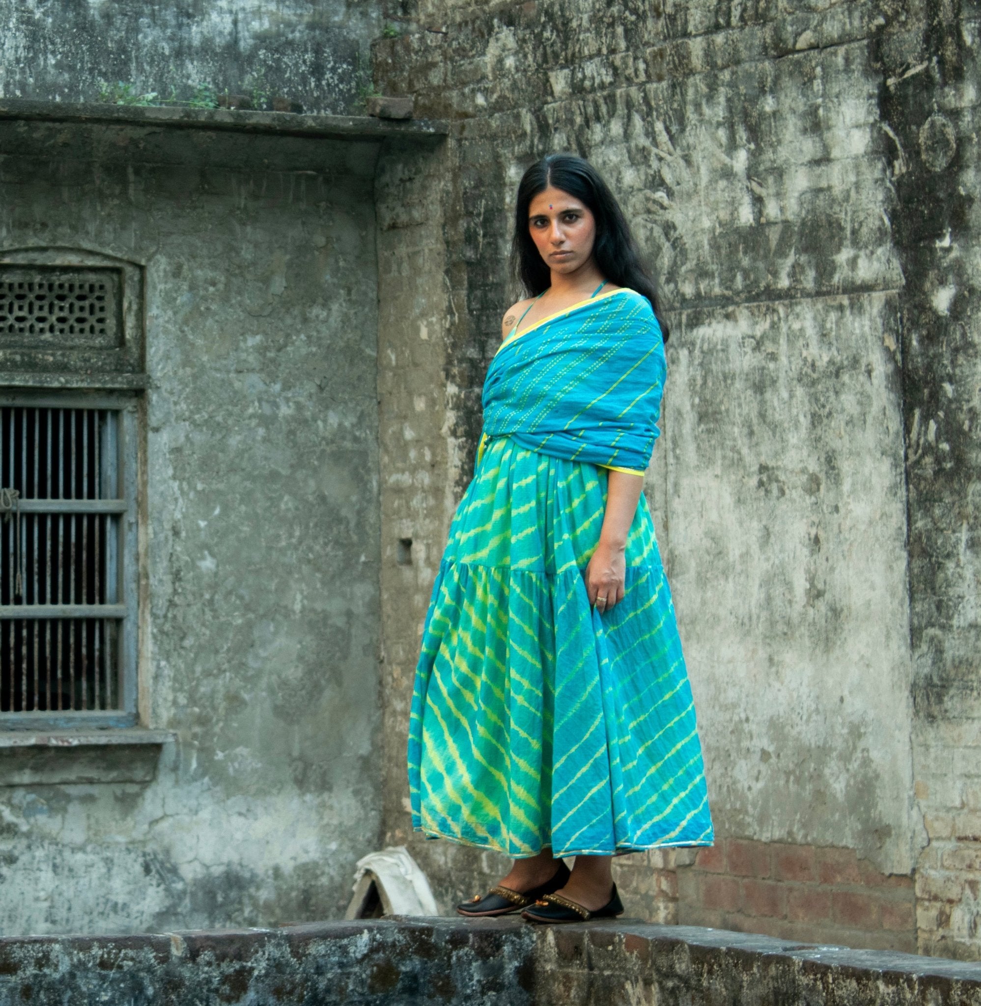Anaaro - turquoise kanchli strappy dress in tie and dye Leheriya with gota detail - CiceroniDressAnaaro