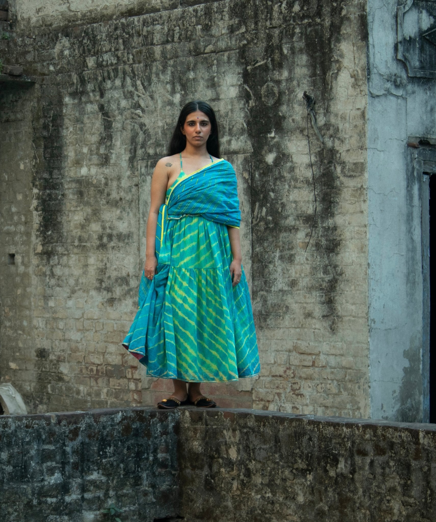 Anaaro - turquoise kanchli strappy dress in tie and dye Leheriya with gota detail - CiceroniDressAnaaro