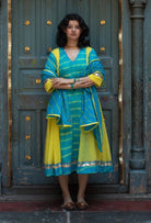 Anaaro - turquoise safra dress in tie and dye leheriya kota doria with metallic gota details - CiceroniDressAnaaro