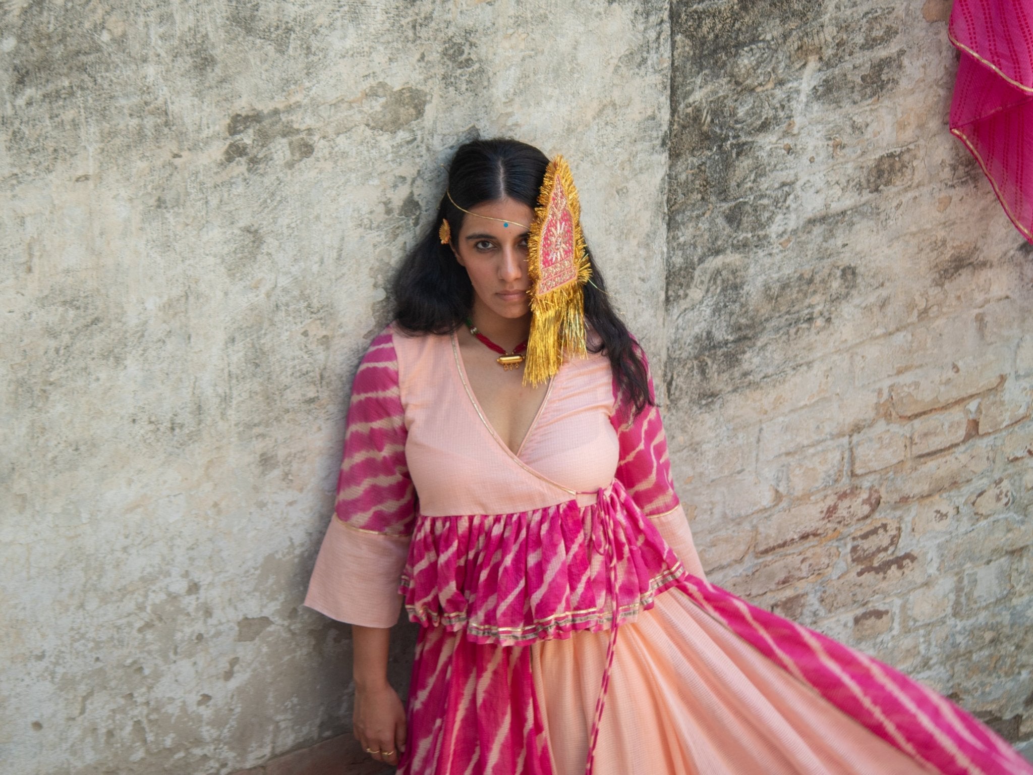 Anaaro - watermelon pink 100% cotton kota doria gathered peplum top in tie and dye leheriya - CiceroniTopsAnaaro