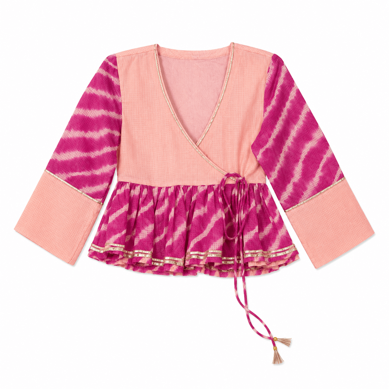 Anaaro - watermelon pink 100% cotton kota doria gathered peplum top in tie and dye leheriya - CiceroniTopsAnaaro
