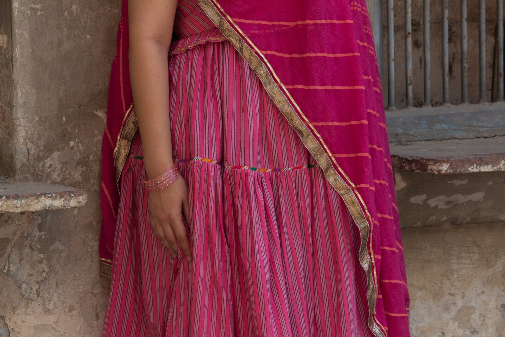 Anaaro - watermelon pink hand block print cotton kota doria dupatta - CiceroniDupattaAnaaro