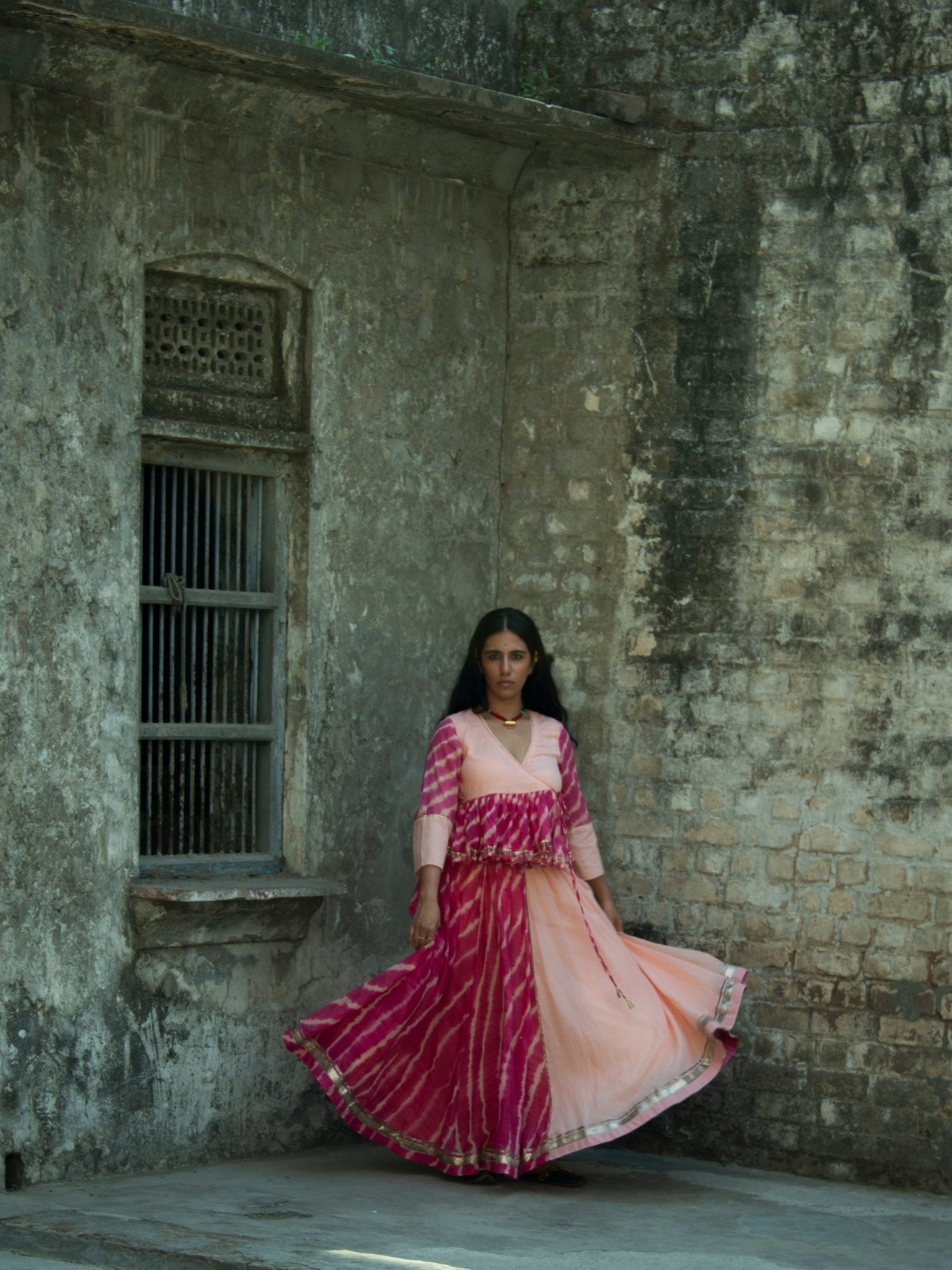 Anaaro - watermelon pink Khara panelled skirt in cotton kota doria with tie and dye leheriya - CiceroniSkirtAnaaro