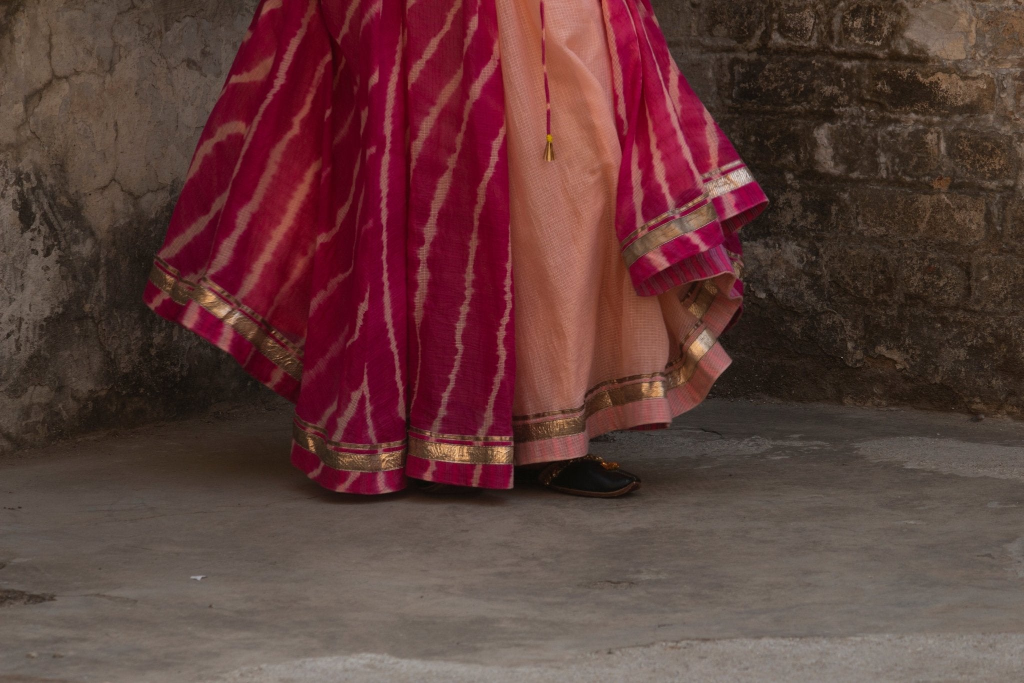 Anaaro - watermelon pink Khara panelled skirt in cotton kota doria with tie and dye leheriya - CiceroniSkirtAnaaro