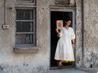 Anaaro - white Bagdi dress in 100% cotton with neon hand block print border and contrasting piping - CiceroniDressAnaaro