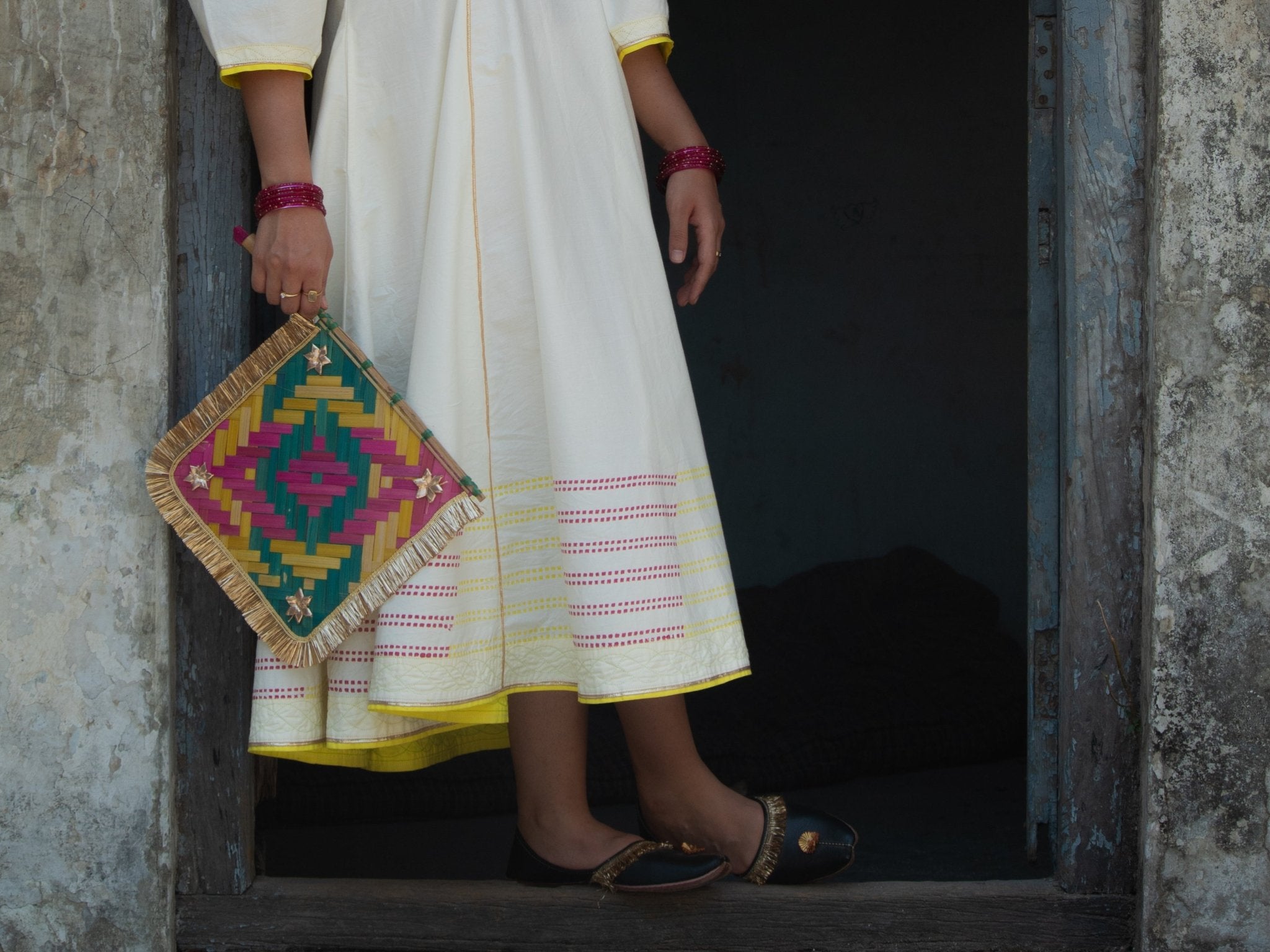 Anaaro - white Bagdi dress in 100% cotton with neon hand block print border and contrasting piping - CiceroniDressAnaaro