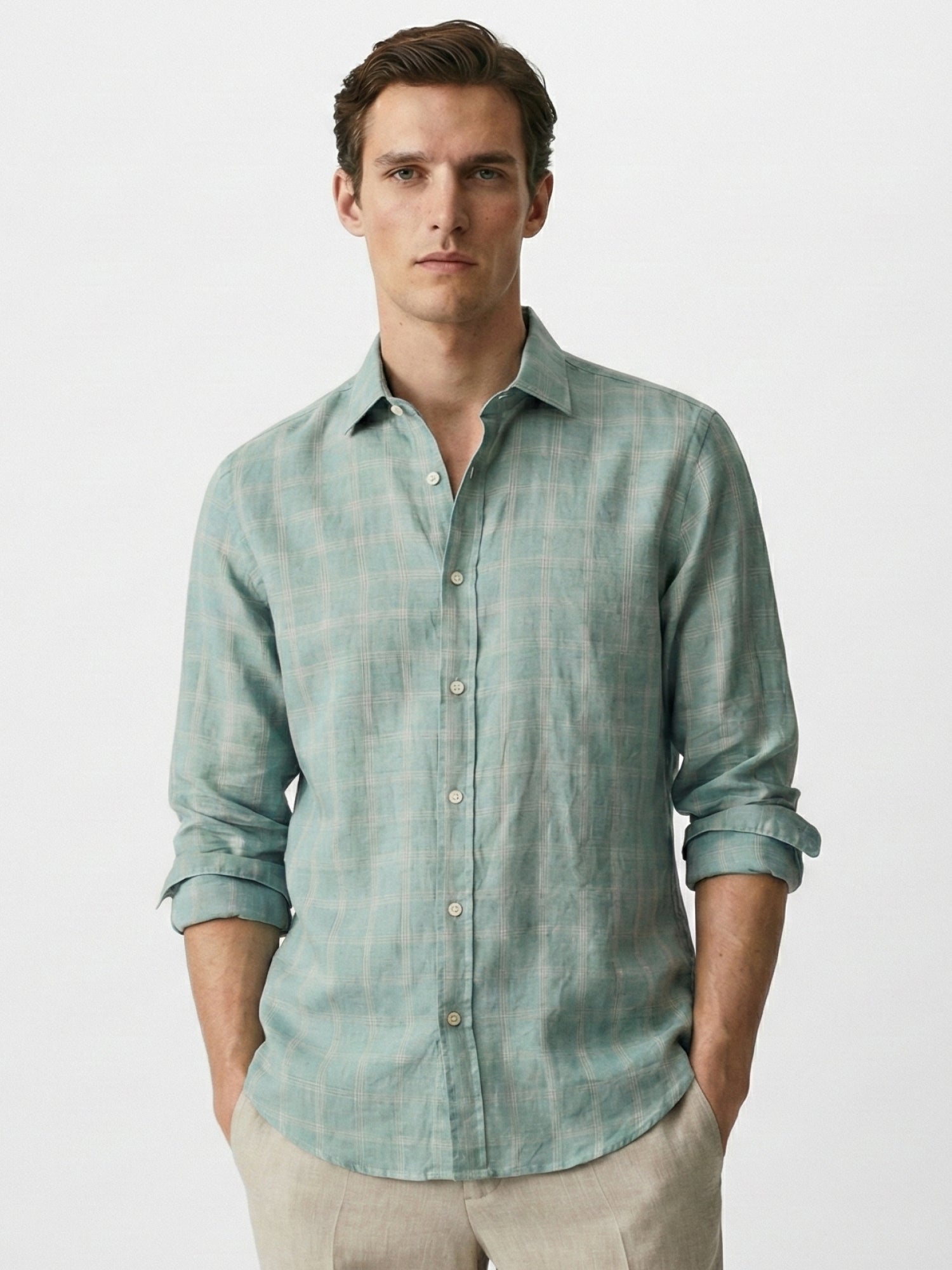 Aqua Sage 100% Pure Linen Checks Shirt - CiceroniMen Shirtsbhrāta