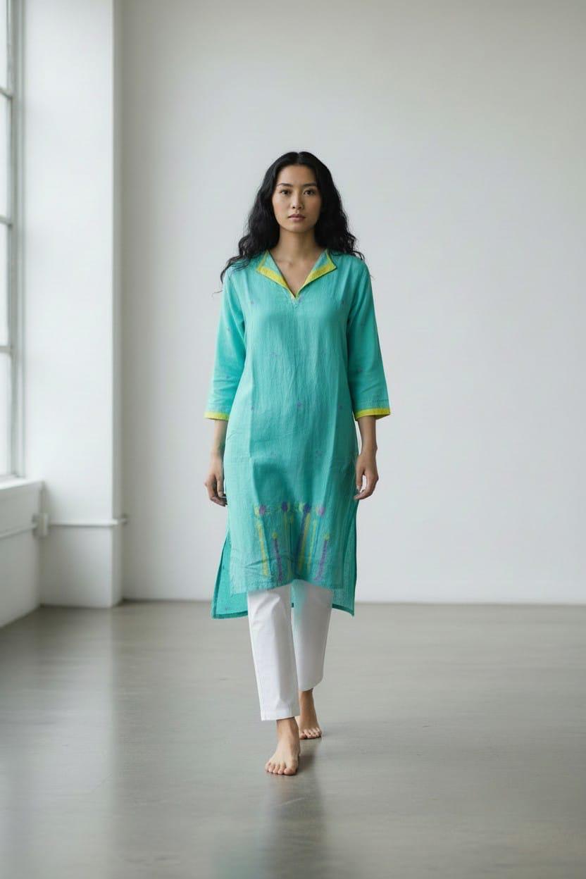 Assymetrical Dress- Aqua Blue Lotus Jamdani - CiceroniKurta, Everyday WearBhomra