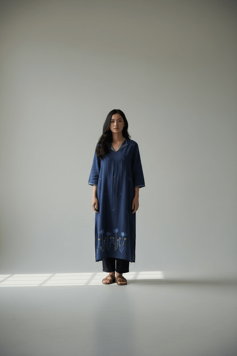 Assymetrical Dress – Midnight Blue Lotus Jamdani - CiceroniDressesBhomra