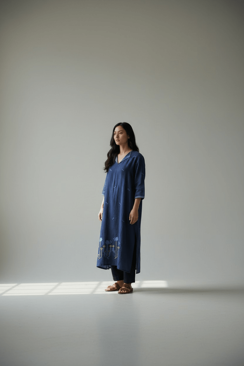 Assymetrical Dress – Midnight Blue Lotus Jamdani - CiceroniDressesBhomra