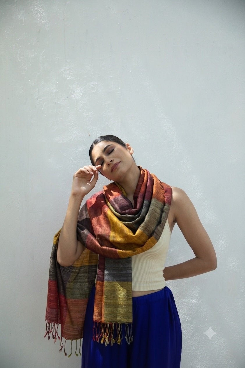 Autumn Madras Checks Peace Silk Scarf for Women - CiceroniScarfAeshaane