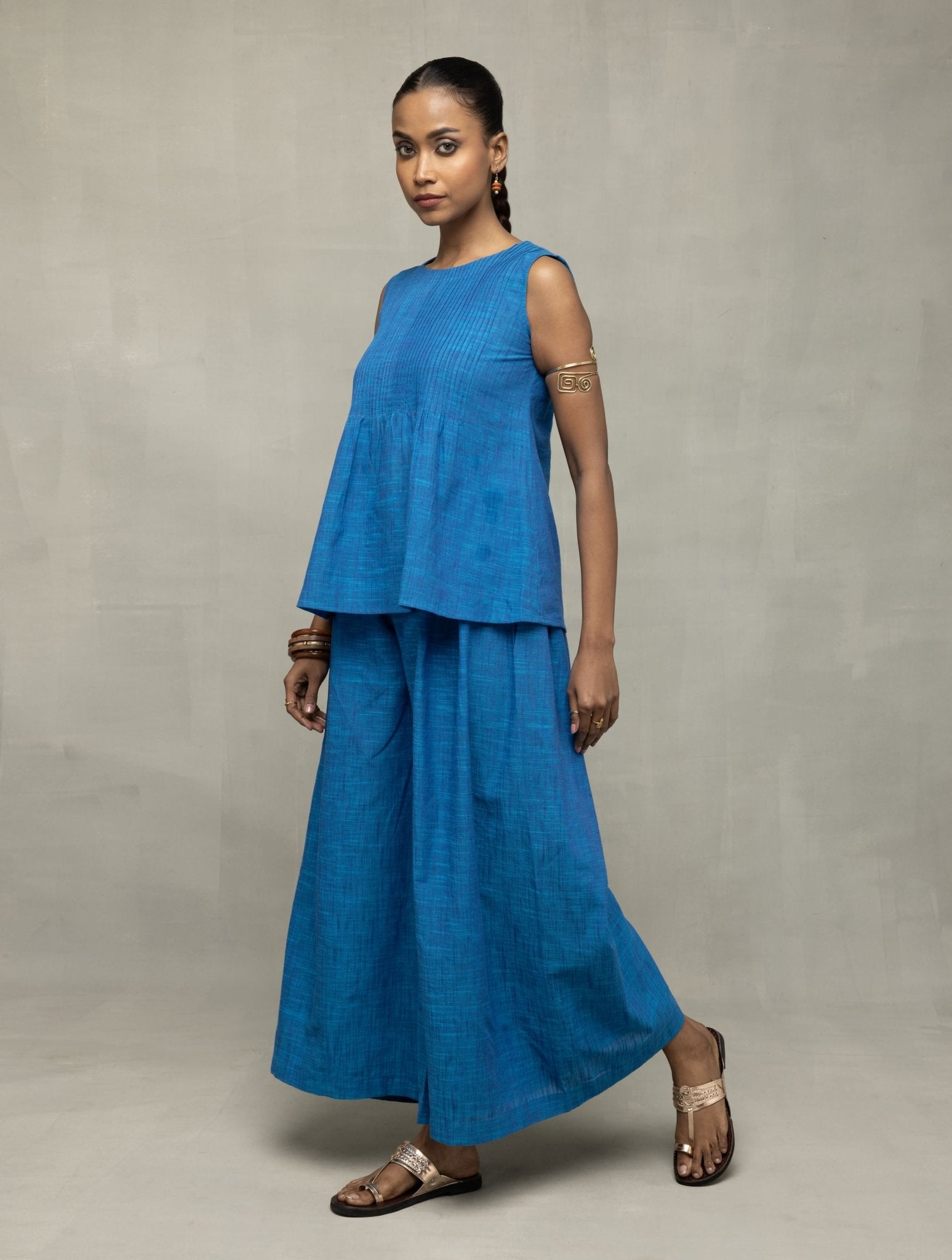 Azure Blue Textured Co - Ord Set with Sleeveless Top & Wide - Leg Pants - CiceroniCo - ord SetSutra Art of Clothing