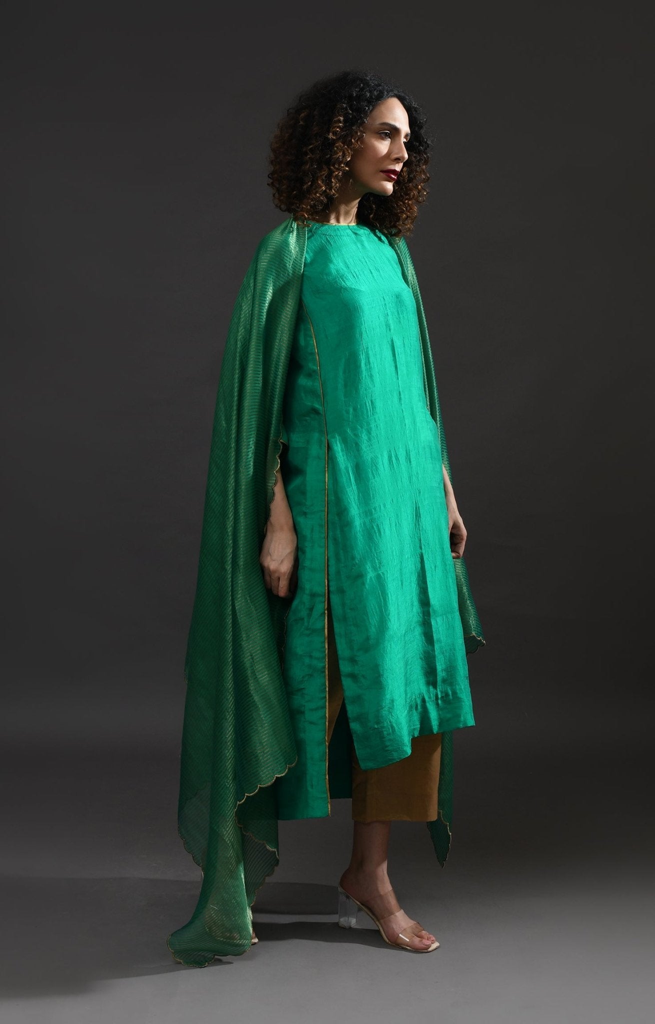 Back Gather Mulberry Silk Kurta Set with Striped Tissue Dupatta (Set of 3) - Emerald - CiceroniKurta Set, Festive WearHiranya