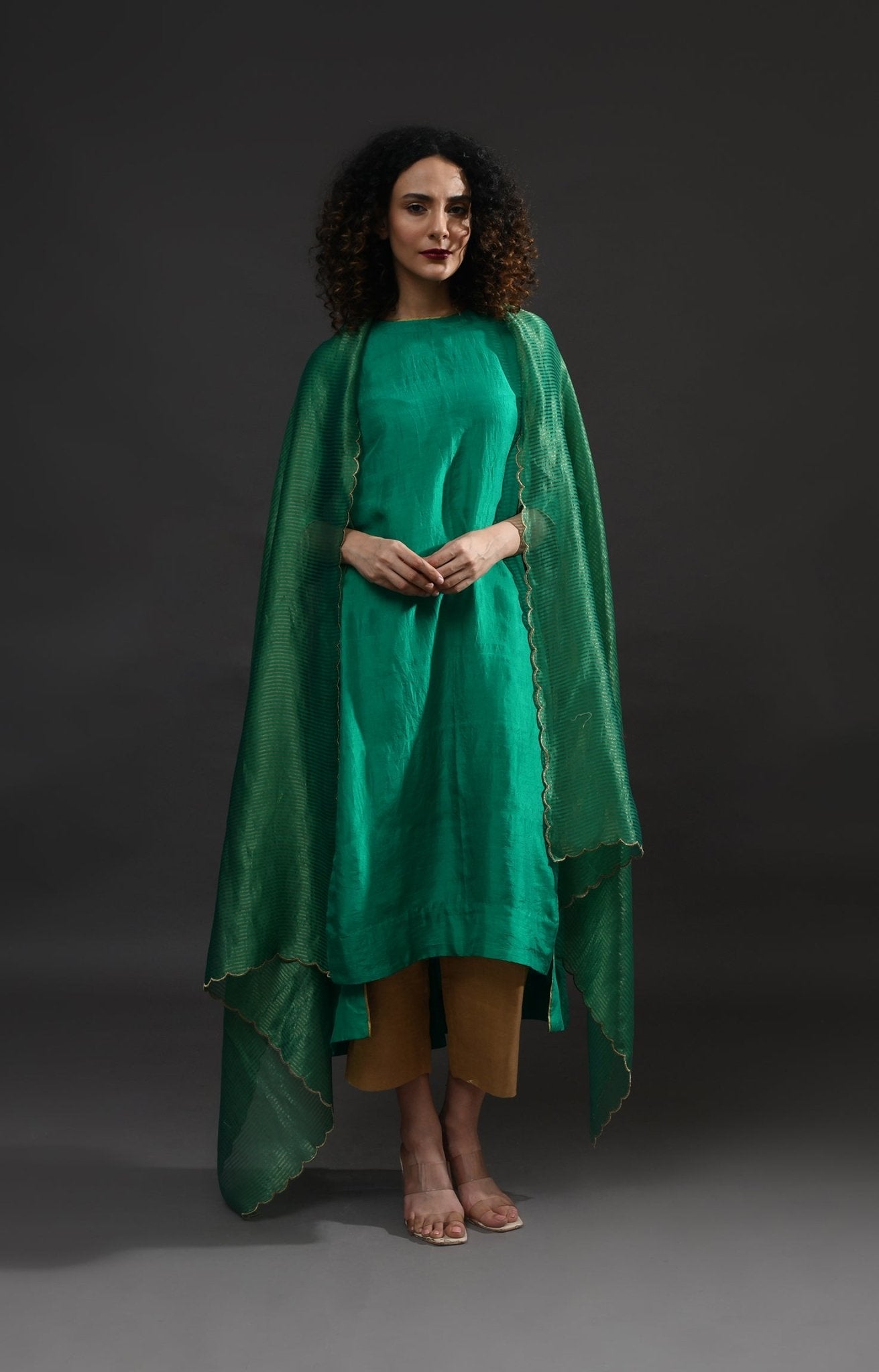 Back Gather Mulberry Silk Kurta Set with Striped Tissue Dupatta (Set of 3) - Emerald - CiceroniKurta Set, Festive WearHiranya