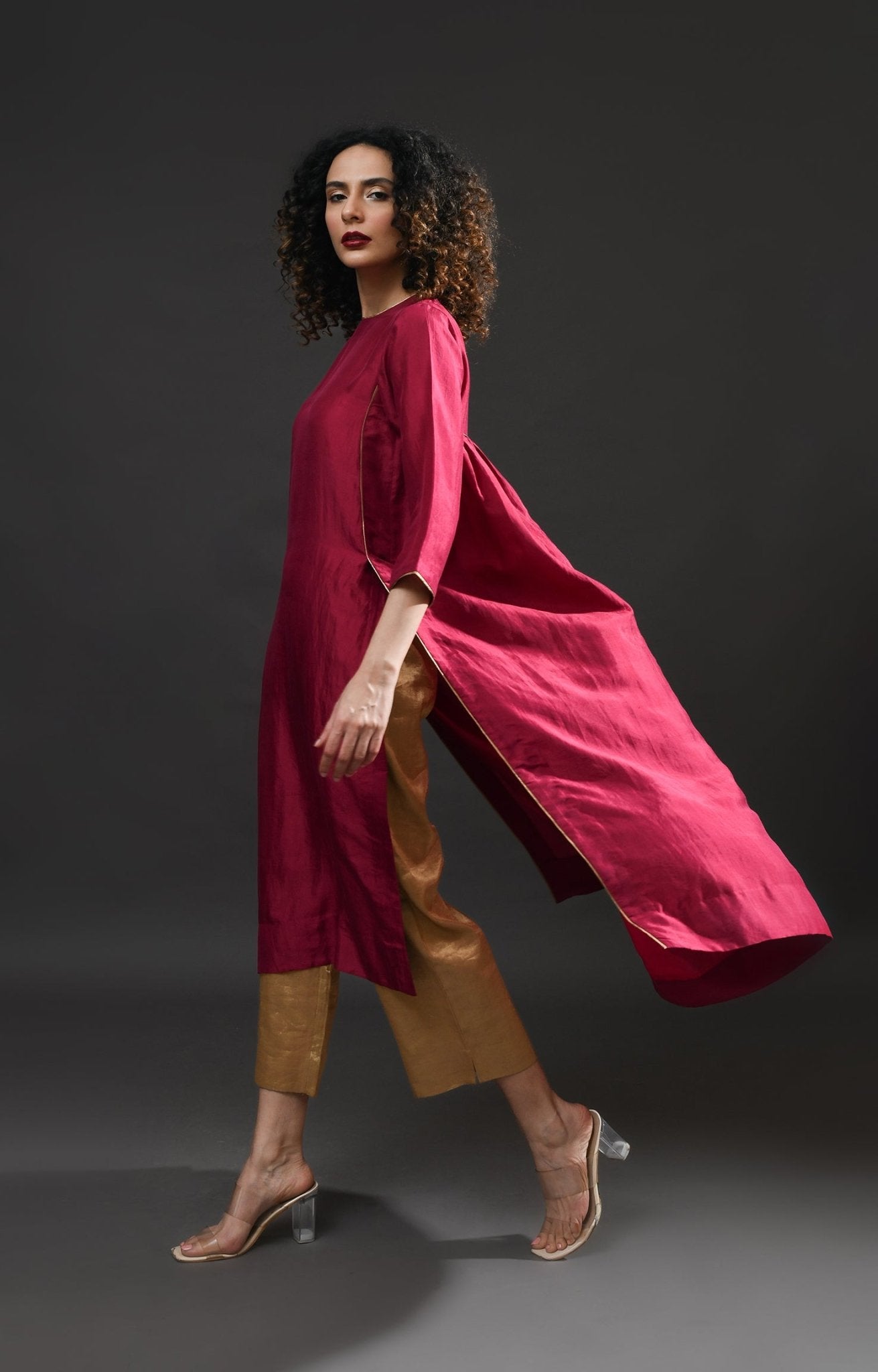 Back Gather Mulberry Silk Kurta Set with Striped Tissue Dupatta (Set of 3) - Wine - CiceroniKurta Set, Festive WearHiranya