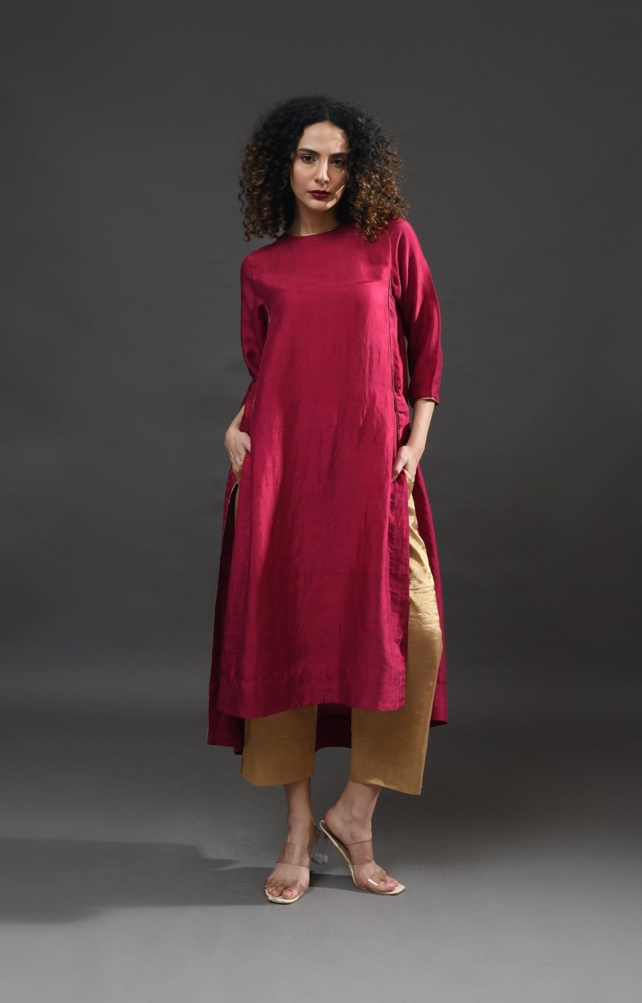 Back Gather Mulberry Silk Kurta Set with Striped Tissue Dupatta (Set of 3) - Wine - CiceroniKurta Set, Festive WearHiranya