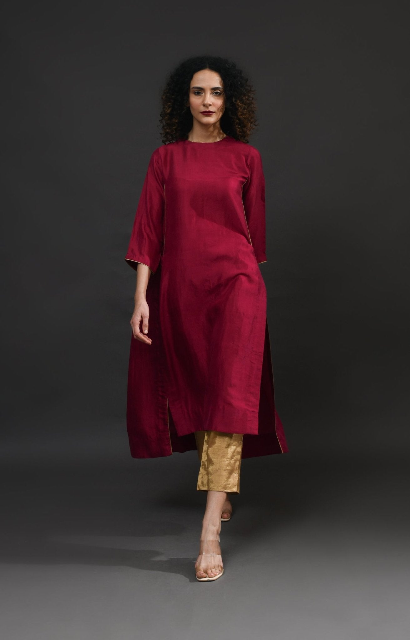 Back Gather Mulberry Silk Kurta Set with Striped Tissue Dupatta (Set of 3) - Wine - CiceroniKurta Set, Festive WearHiranya