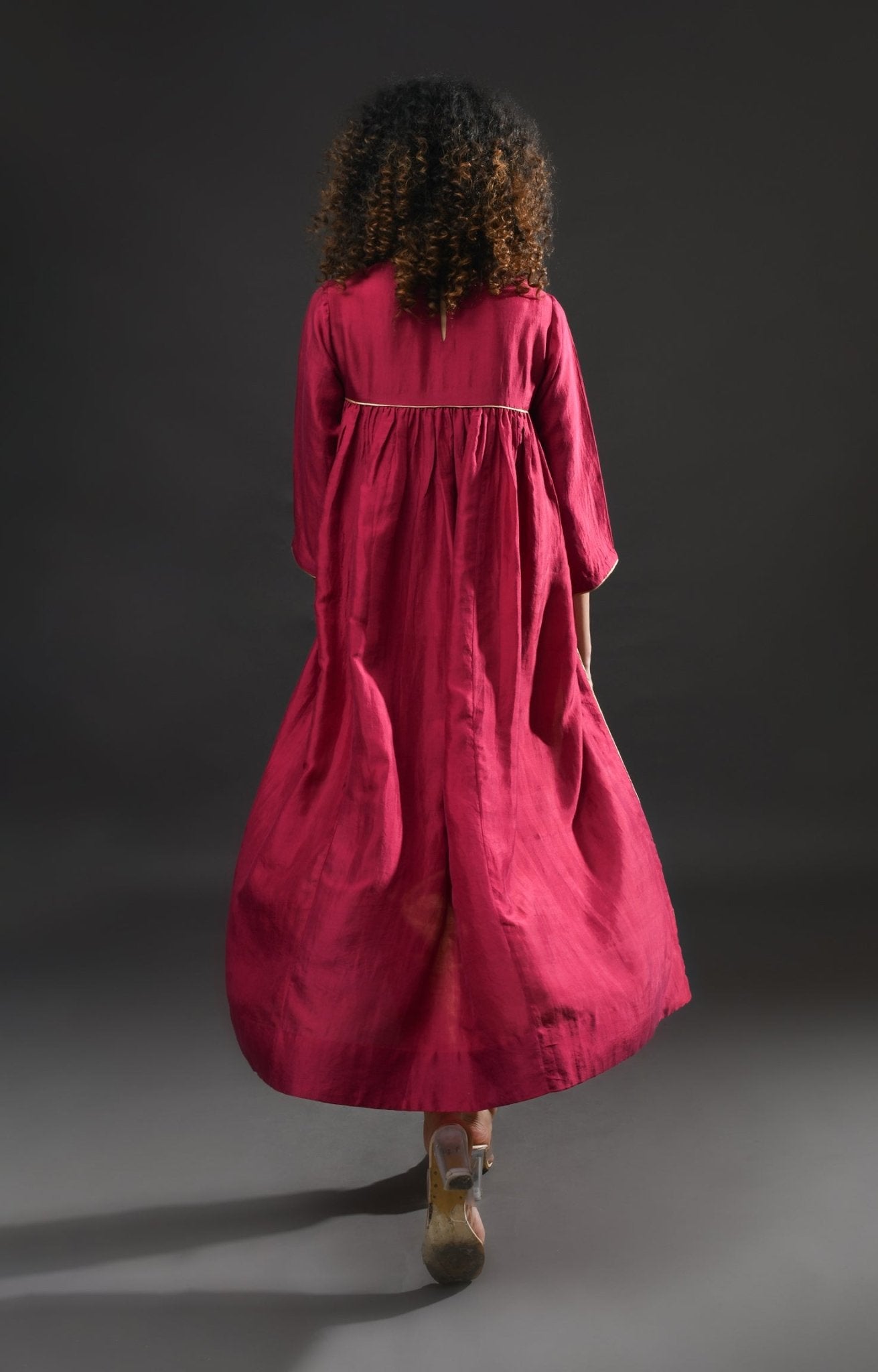 Back Gather Mulberry Silk Kurta Set with Striped Tissue Dupatta (Set of 3) - Wine - CiceroniKurta Set, Festive WearHiranya