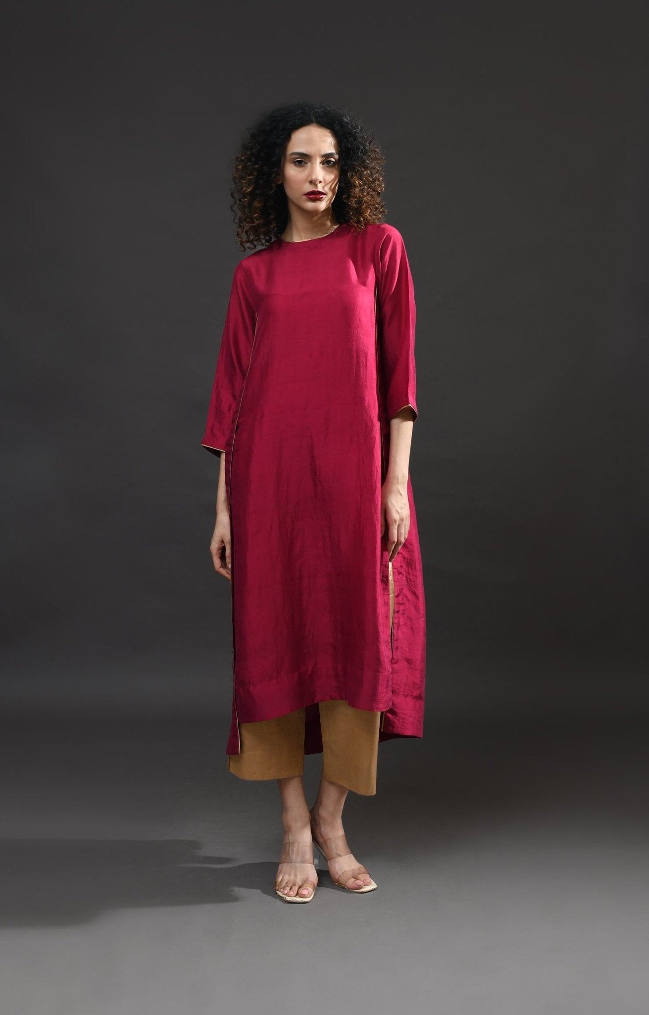 Back Gather Mulberry Silk Kurta Set with Striped Tissue Dupatta (Set of 3) - Wine - CiceroniKurta Set, Festive WearHiranya