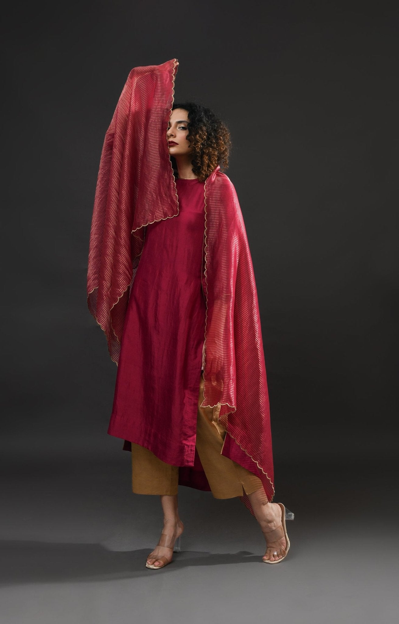 Back Gather Mulberry Silk Kurta Set with Striped Tissue Dupatta (Set of 3) - Wine - CiceroniKurta Set, Festive WearHiranya