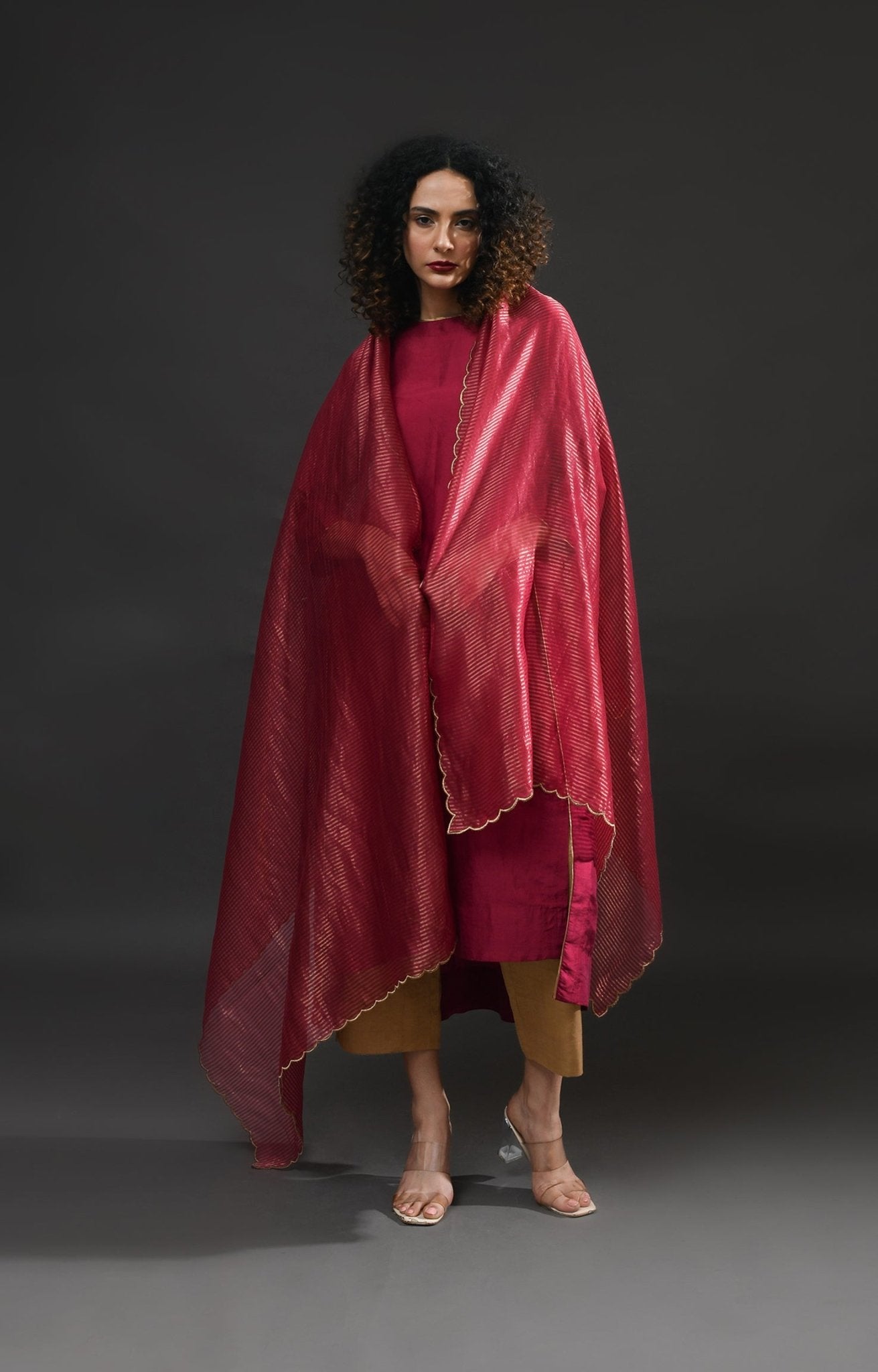 Back Gather Mulberry Silk Kurta Set with Striped Tissue Dupatta (Set of 3) - Wine - CiceroniKurta Set, Festive WearHiranya