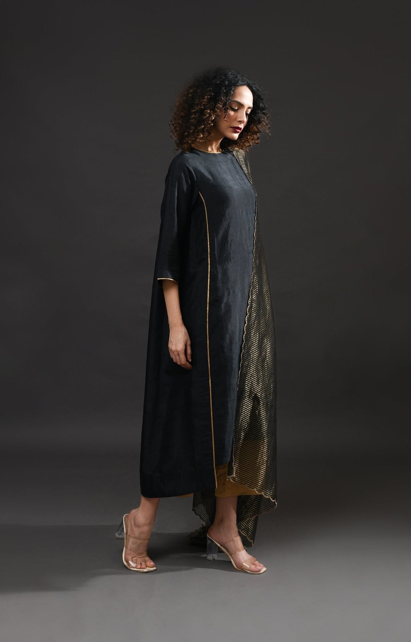 Back Gather Mulberry Silk Kurta Set with Striped Tissue Dupatta (Set of 3) - CiceroniKurta Set, Festive WearHiranya