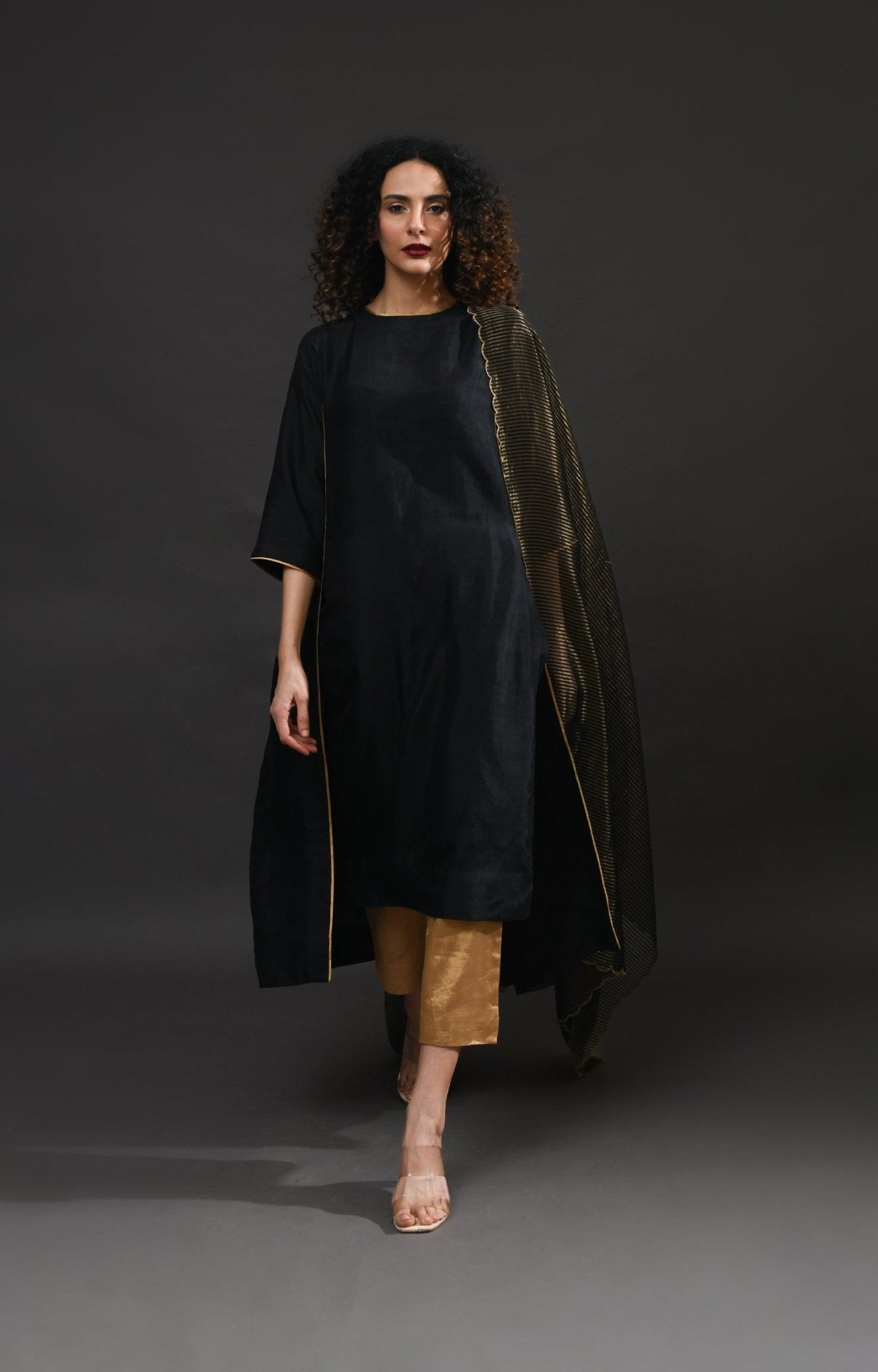 Back Gather Mulberry Silk Kurta Set with Striped Tissue Dupatta (Set of 3) - CiceroniKurta Set, Festive WearHiranya