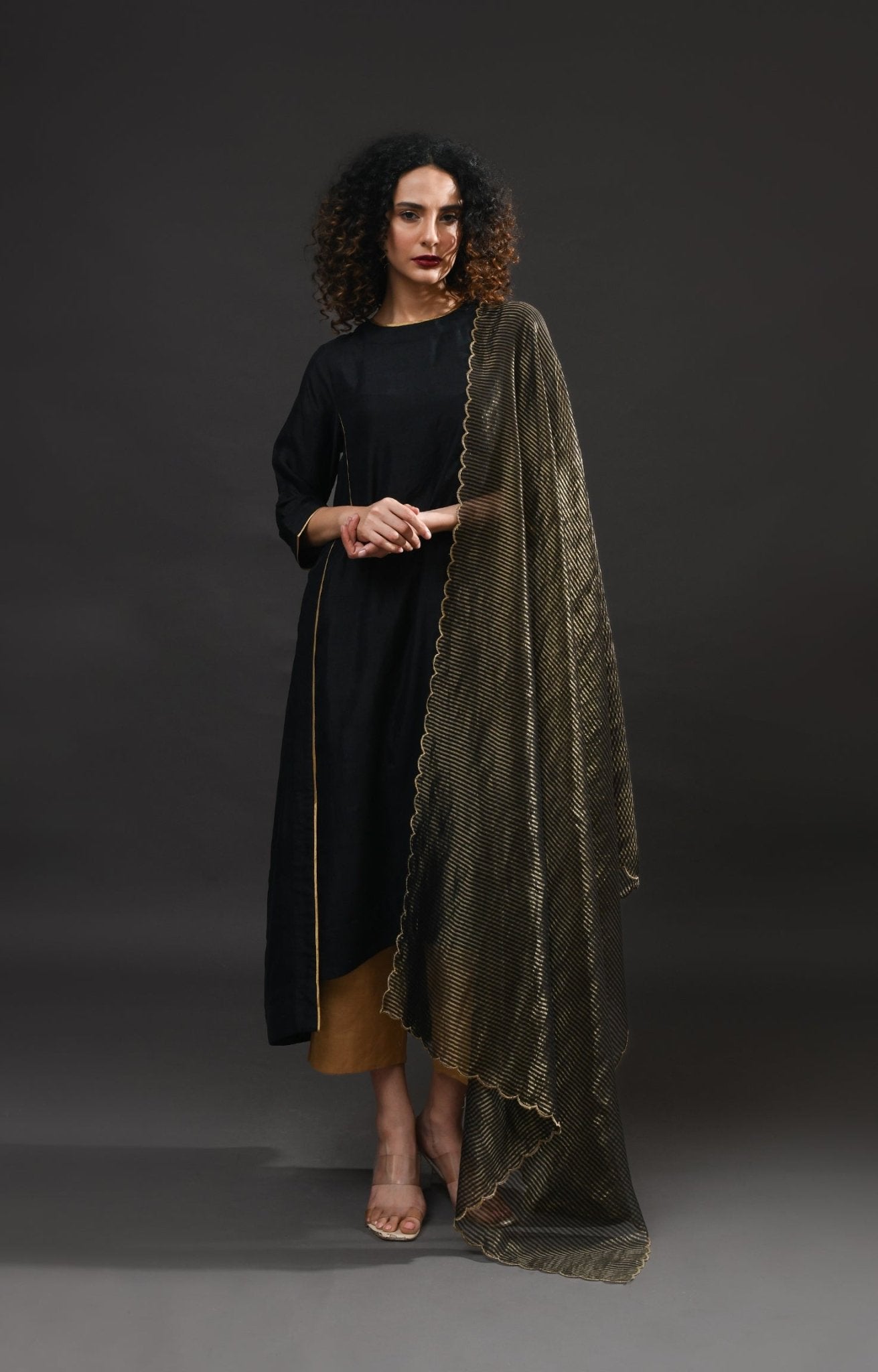 Back Gather Mulberry Silk Kurta Set with Striped Tissue Dupatta (Set of 3) - CiceroniKurta Set, Festive WearHiranya