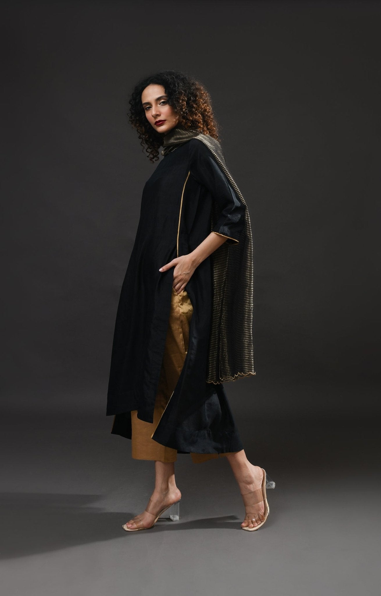 Back Gather Mulberry Silk Kurta Set with Striped Tissue Dupatta (Set of 3) - CiceroniKurta Set, Festive WearHiranya