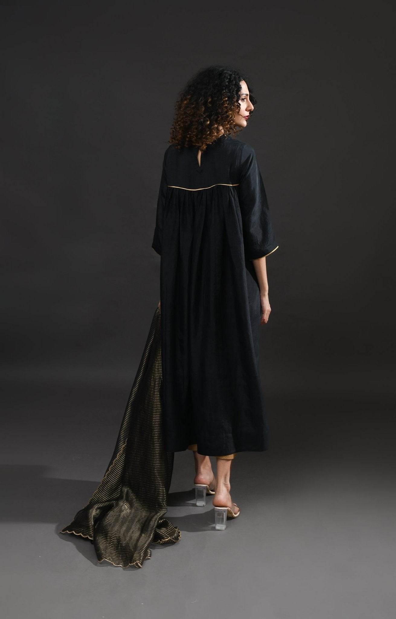 Back Gather Mulberry Silk Kurta Set with Striped Tissue Dupatta (Set of 3) - CiceroniKurta Set, Festive WearHiranya