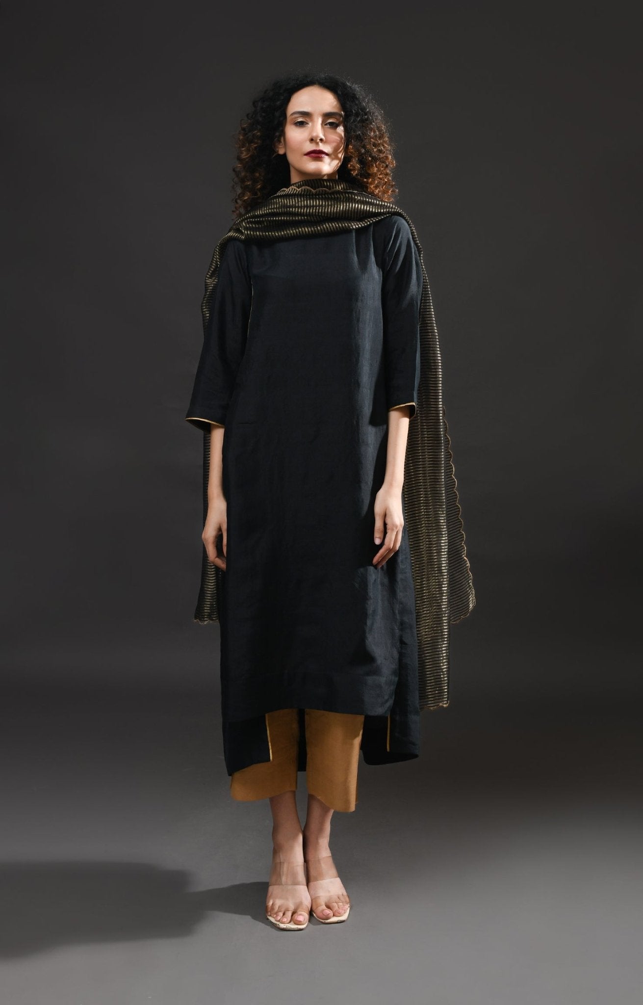 Back Gather Mulberry Silk Kurta Set with Striped Tissue Dupatta (Set of 3) - CiceroniKurta Set, Festive WearHiranya