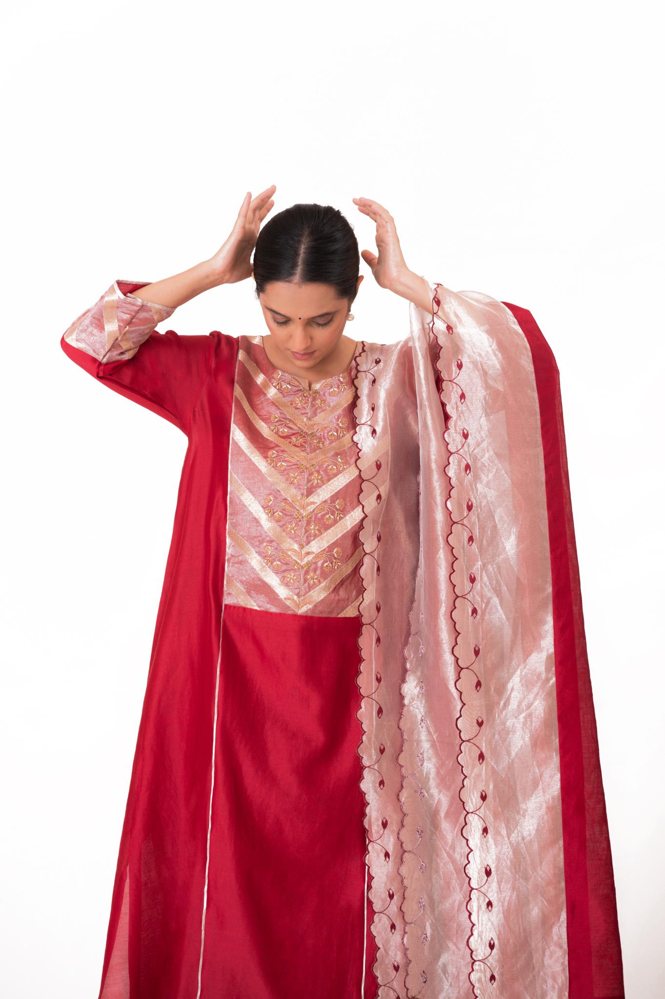 Banarasi Yoke Kurta Set - Crimson Red - CiceroniKurta Set, Festive wearBhavik Shah