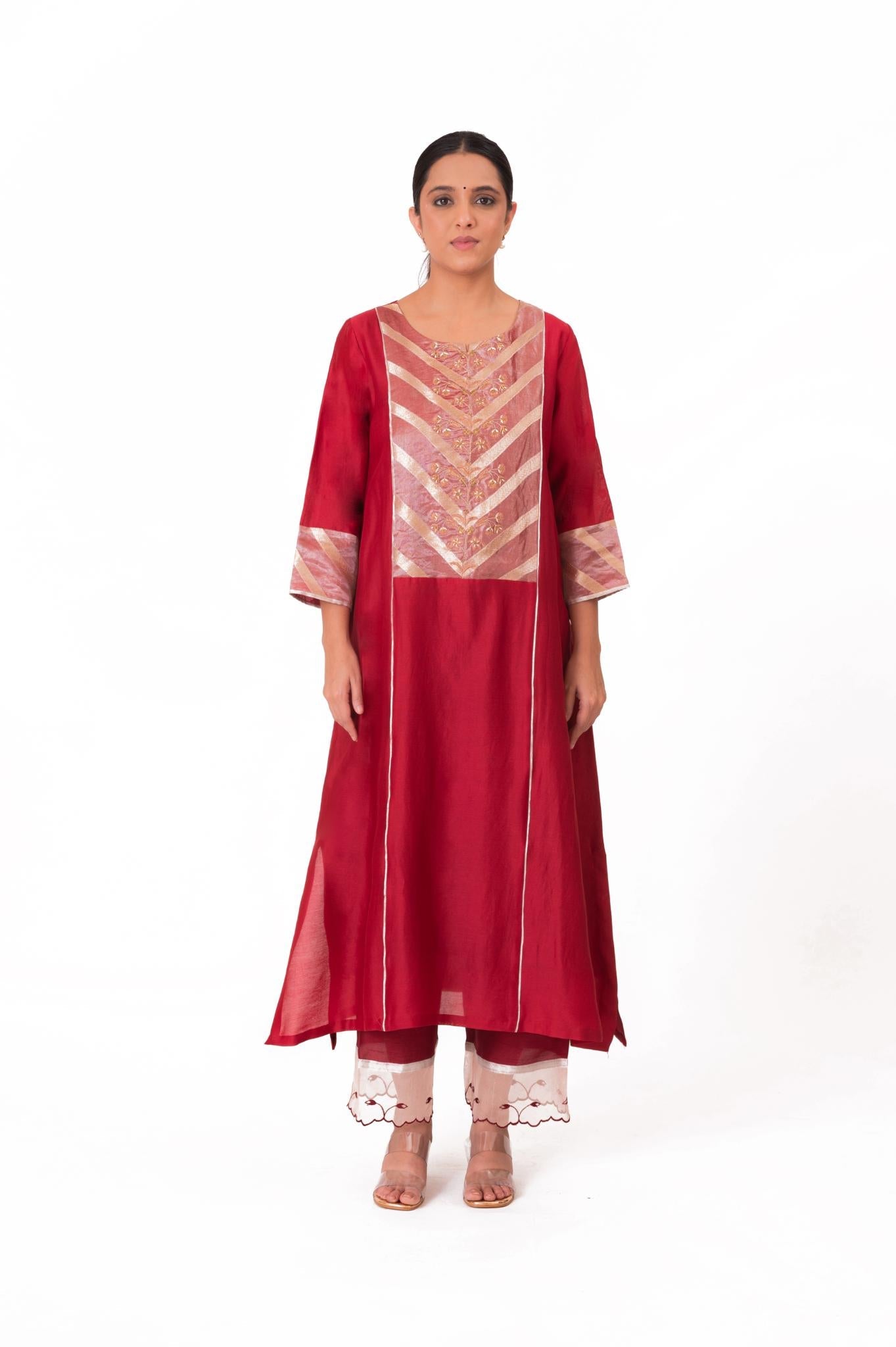 Banarasi Yoke Kurta Set - Crimson Red - CiceroniKurta Set, Festive wearBhavik Shah