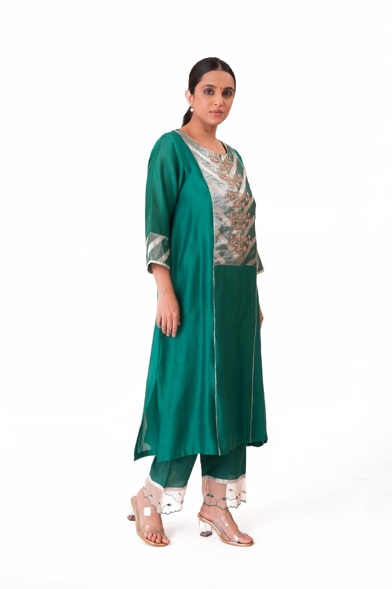 Banarasi Yoke Kurta Set - Emerald Green - CiceroniKurta Set, Festive wearBhavik Shah