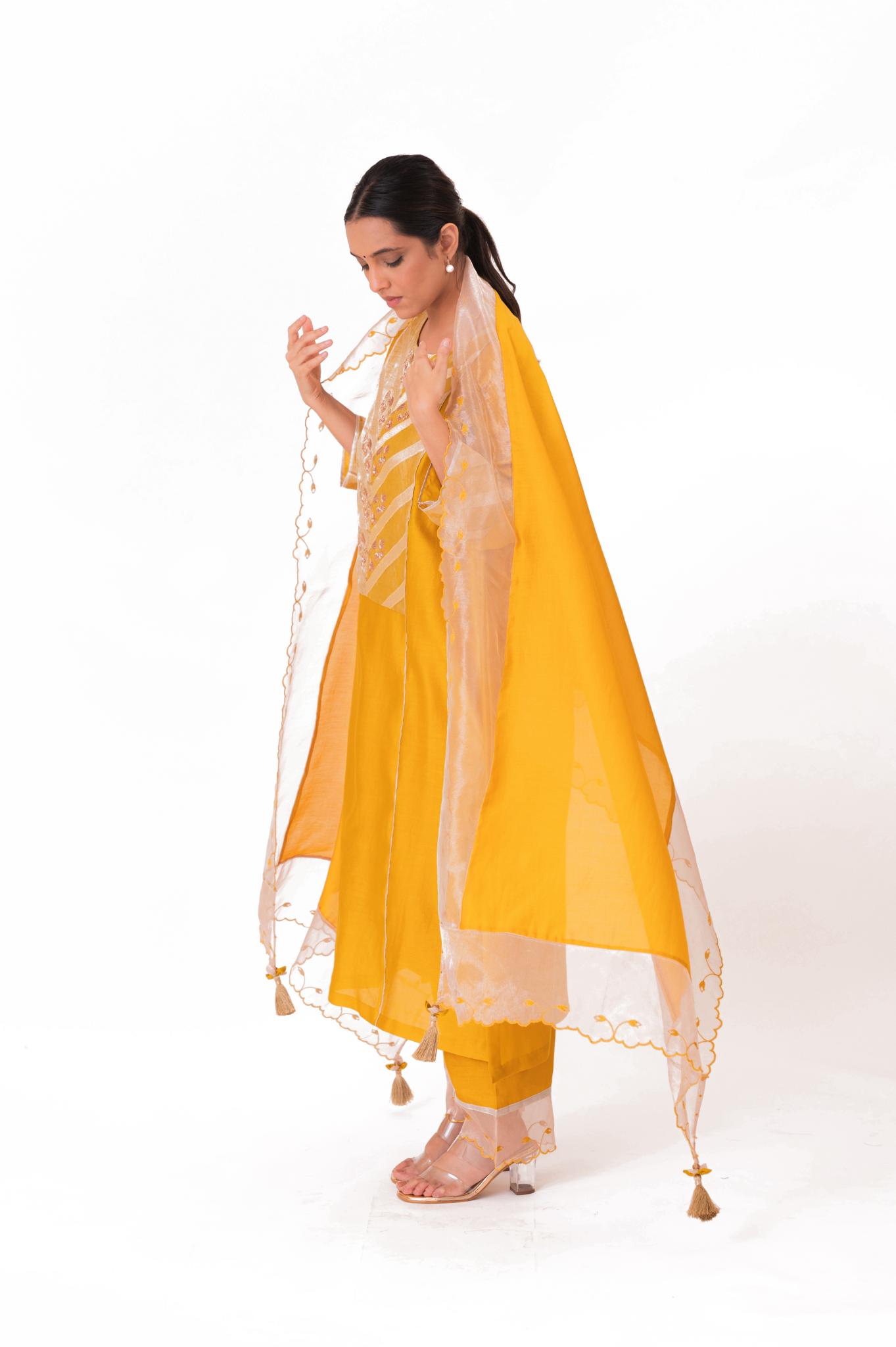 Banarasi Yoke Kurta Set - Golden Yellow - CiceroniKurta Set, Festive wearBhavik Shah