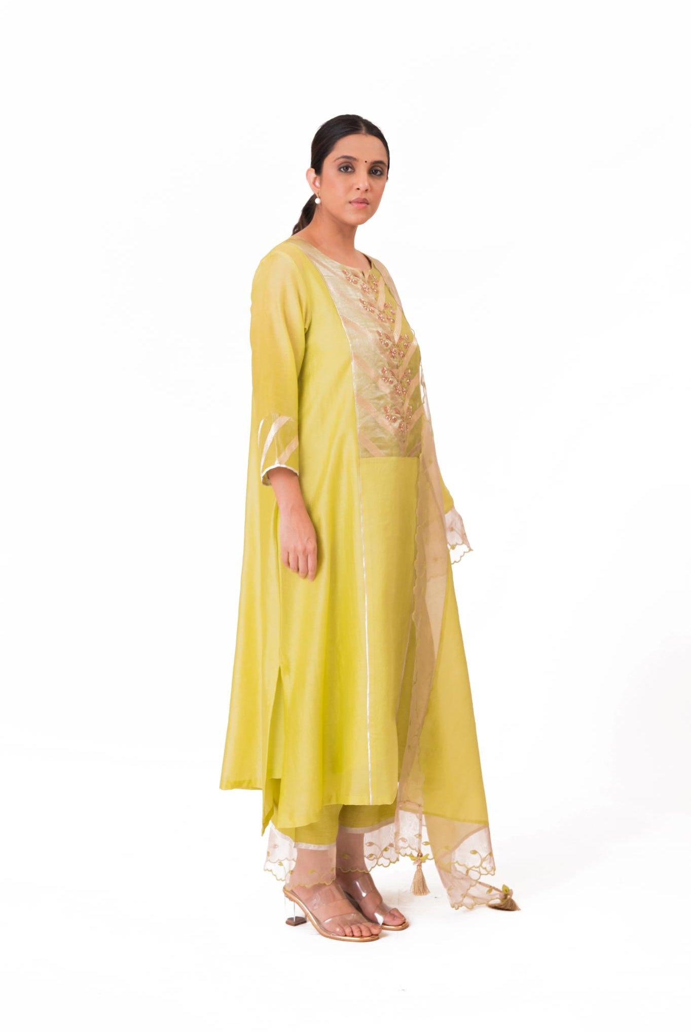 Banarasi Yoke Kurta Set - Lime Green - CiceroniKurta Set, Festive wearBhavik Shah