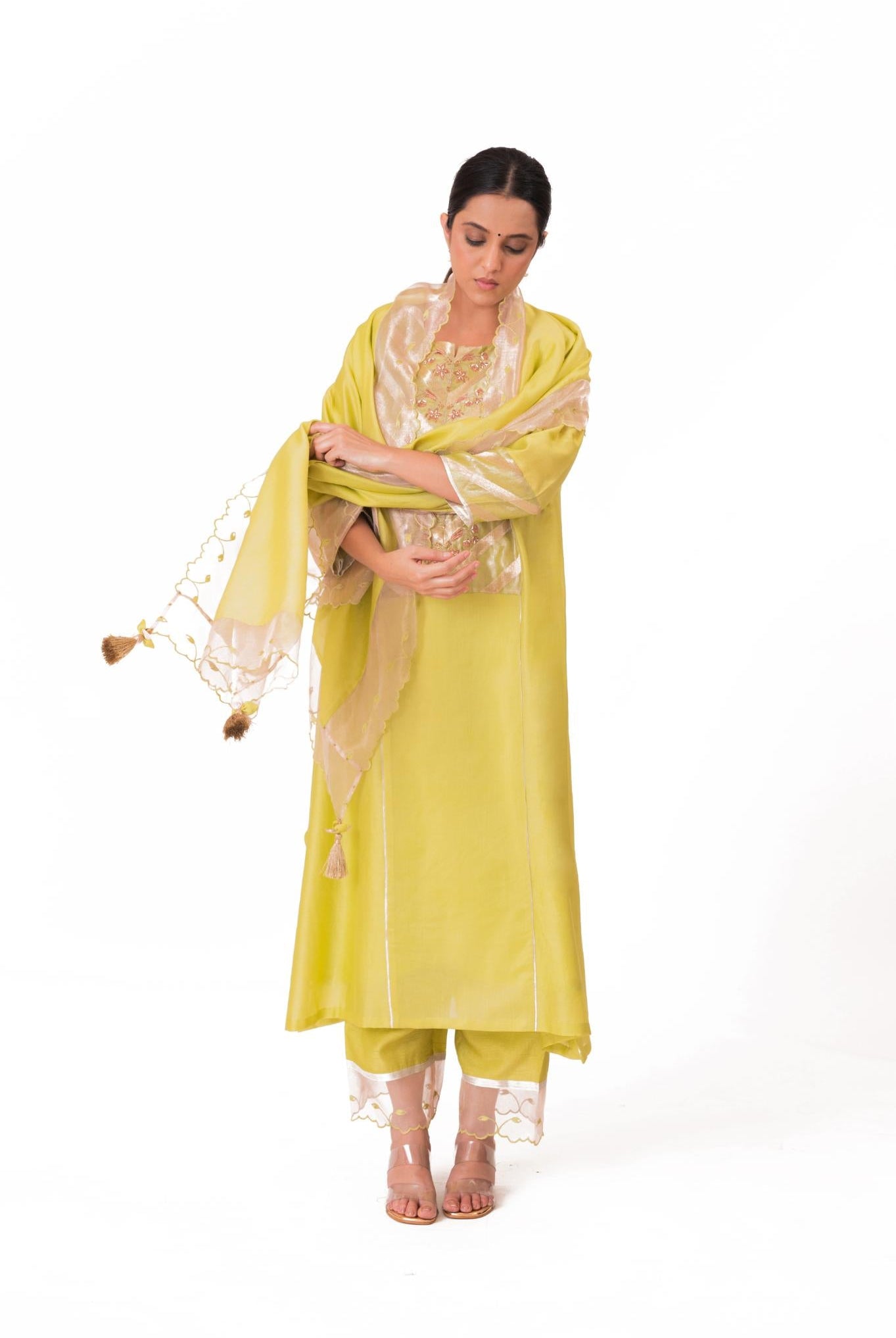 Banarasi Yoke Kurta Set - Lime Green - CiceroniKurta Set, Festive wearBhavik Shah