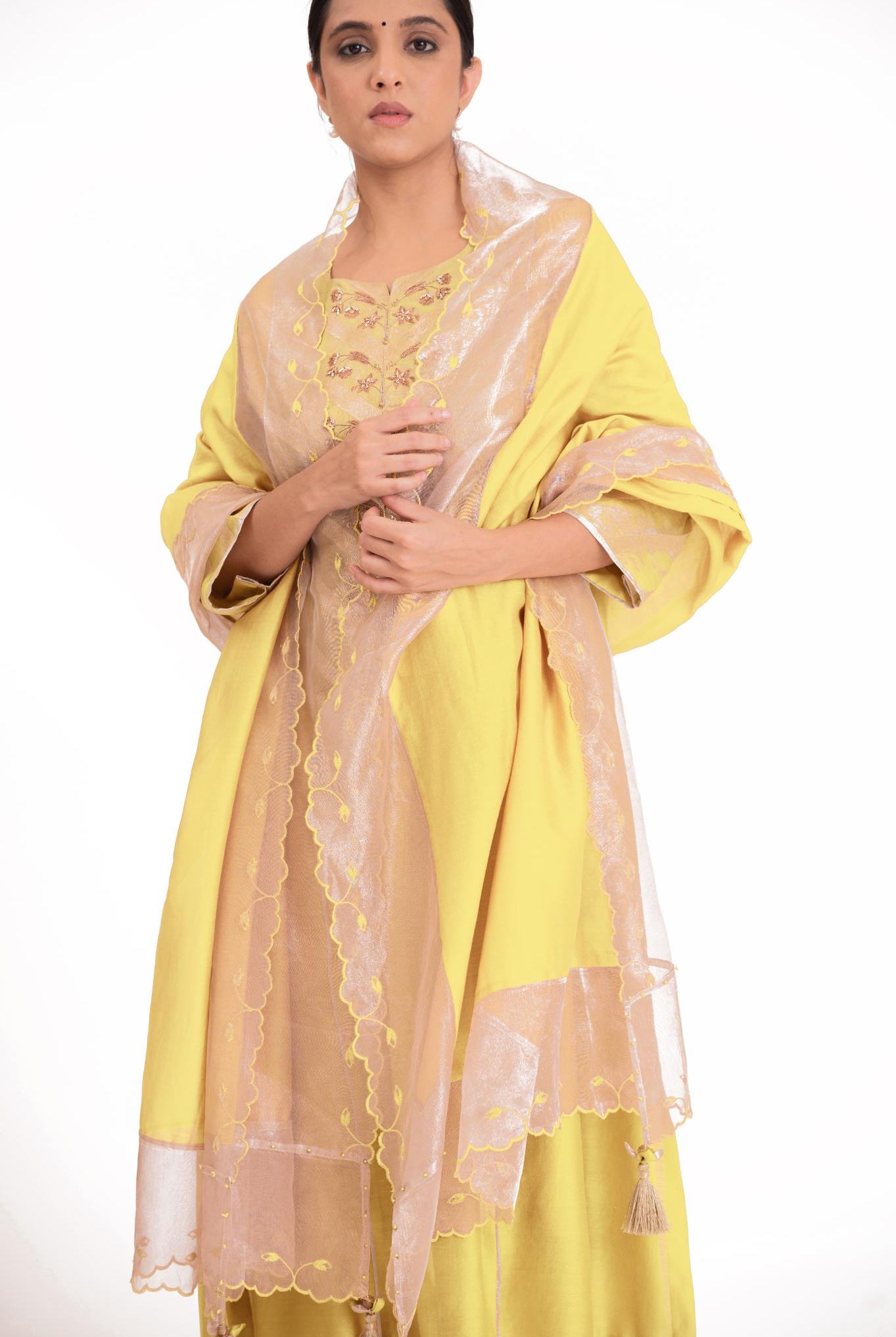 Banarasi Yoke Kurta Set - Pastel Yellow - CiceroniKurta Set, Festive wearBhavik Shah
