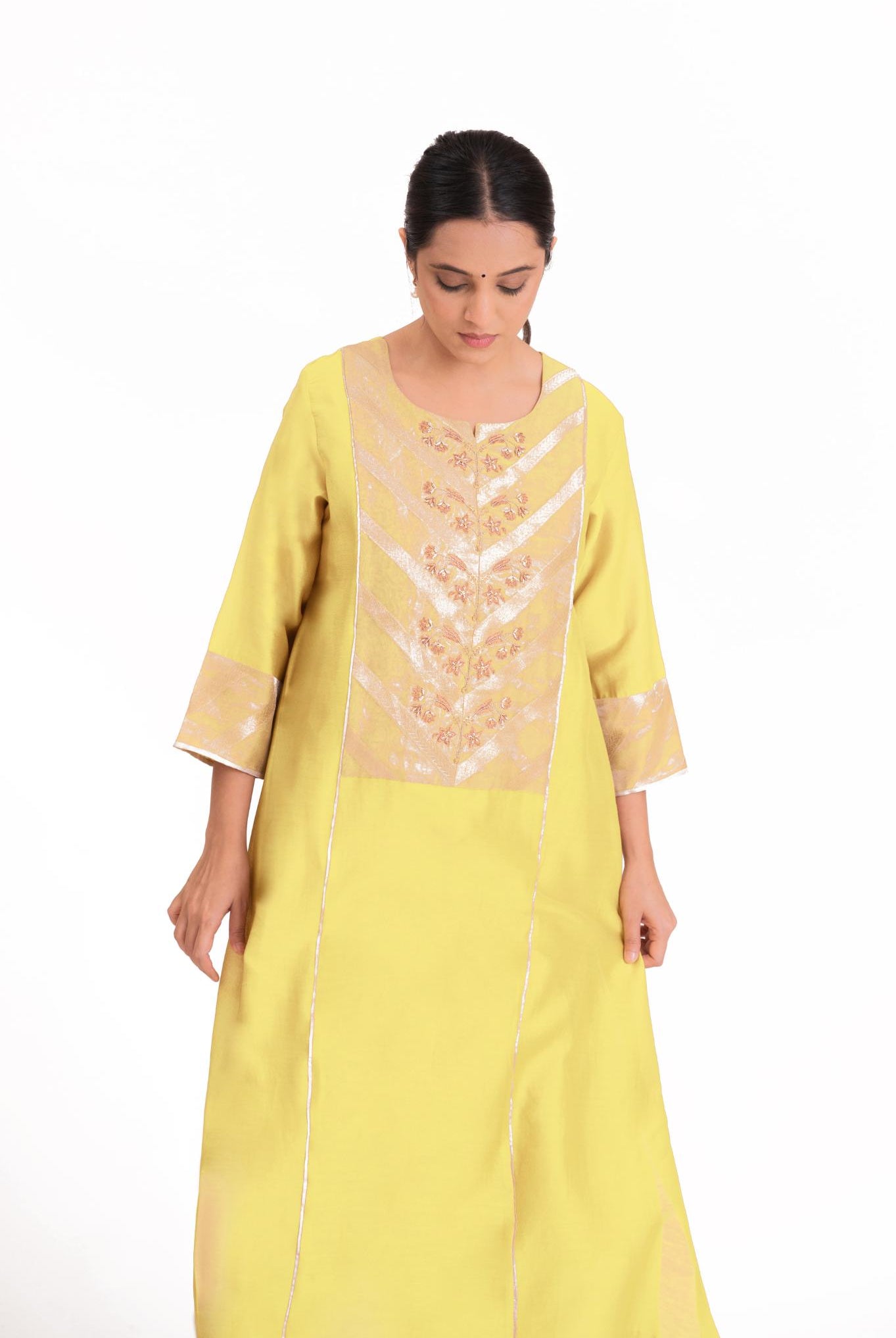 Banarasi Yoke Kurta Set - Pastel Yellow - CiceroniKurta Set, Festive wearBhavik Shah