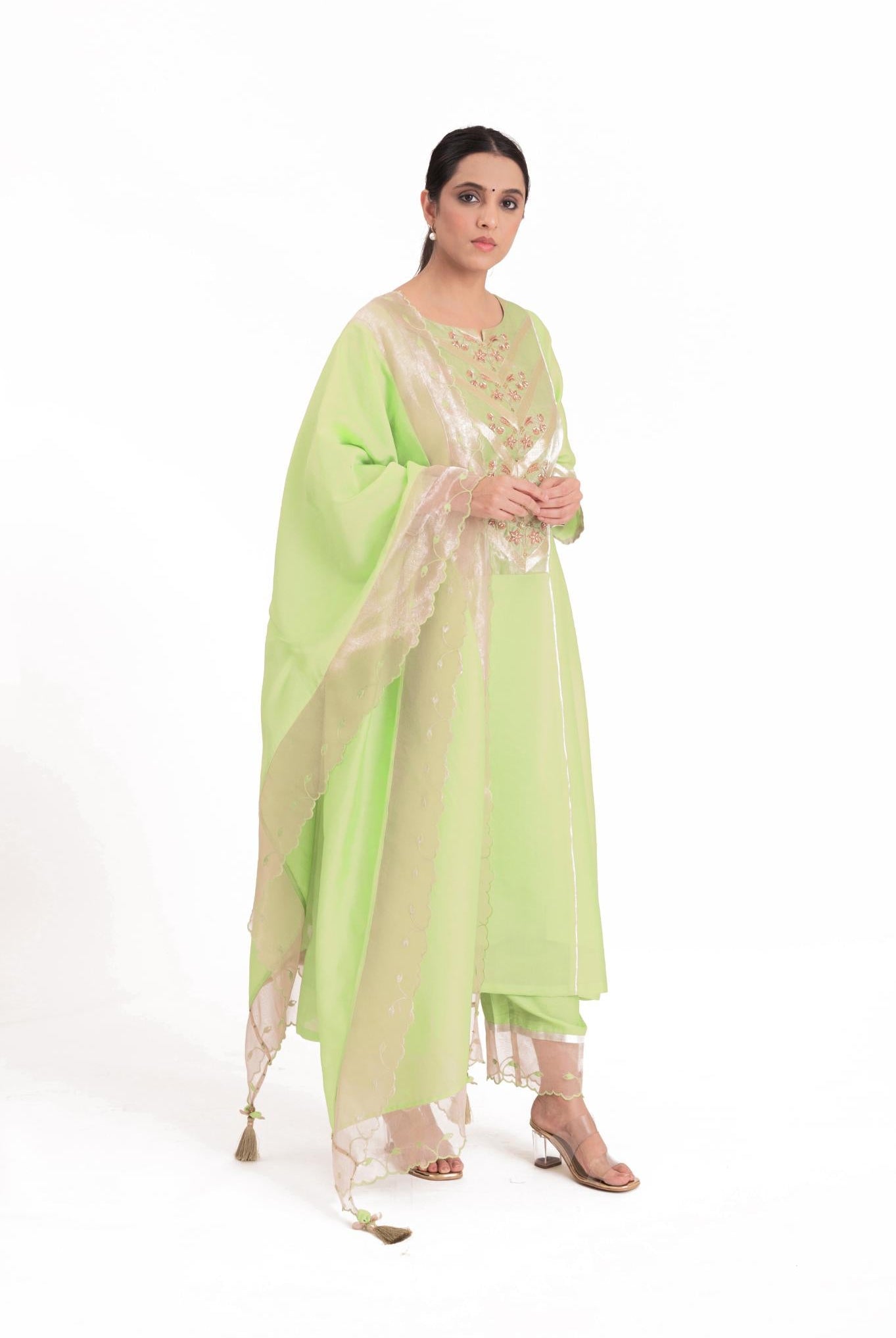 Banarasi Yoke Kurta Set - Pistachio Green - CiceroniKurta Set, Festive wearBhavik Shah