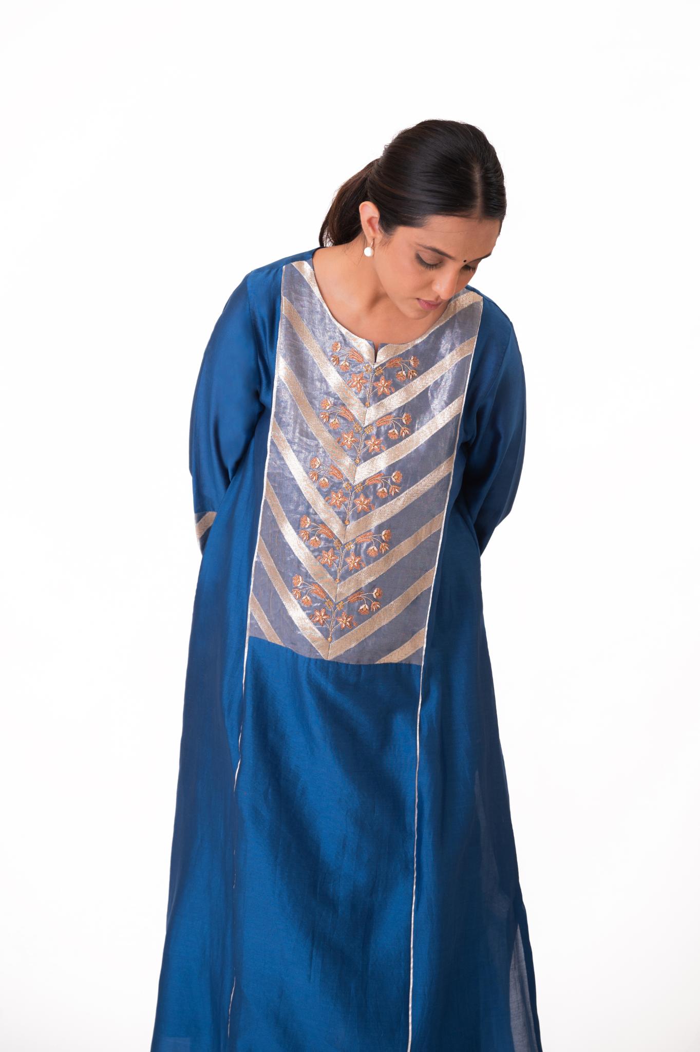Banarasi Yoke Kurta Set - Royal Blue - CiceroniKurta Set, Festive wearBhavik Shah