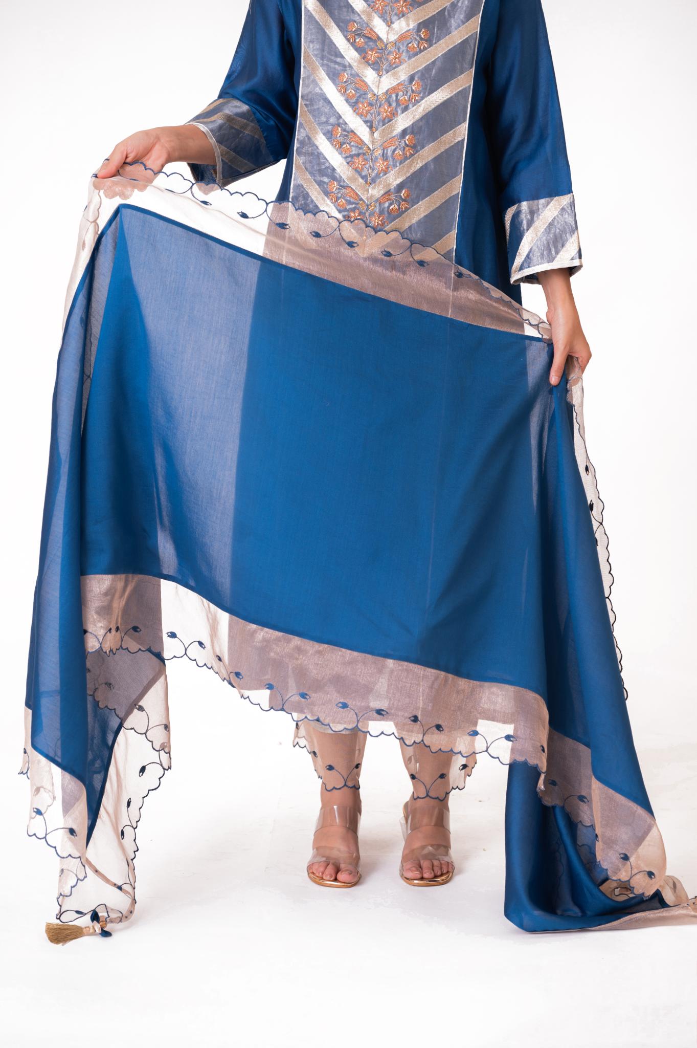 Banarasi Yoke Kurta Set - Royal Blue - CiceroniKurta Set, Festive wearBhavik Shah