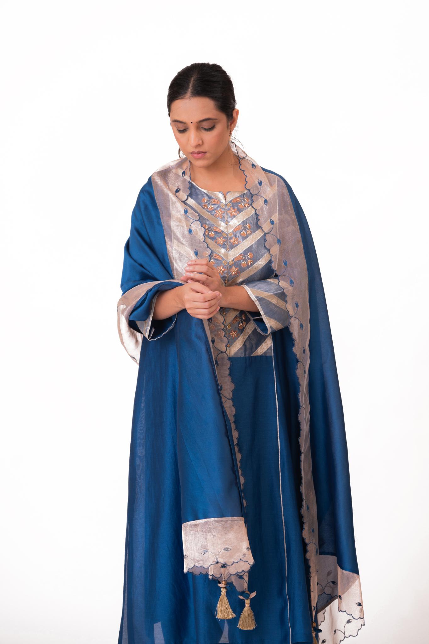 Banarasi Yoke Kurta Set - Royal Blue - CiceroniKurta Set, Festive wearBhavik Shah