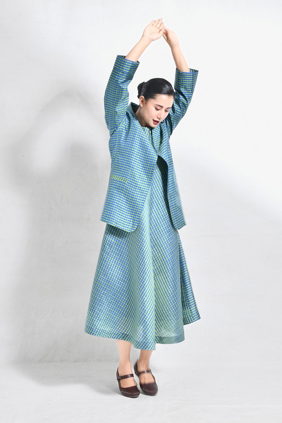 Bangalore Silk Checks Co - ord (Set of 2) - Blue and Olive - CiceroniCo - ord SetHiranya