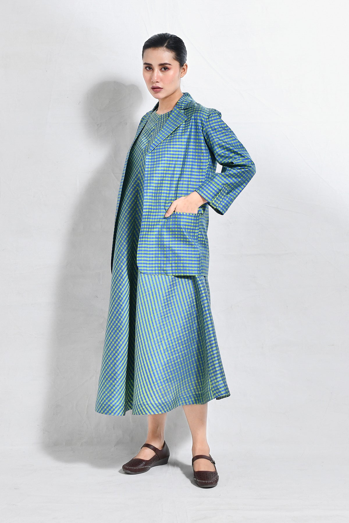 Bangalore Silk Checks Co - ord (Set of 2) - Blue and Olive - CiceroniCo - ord SetHiranya