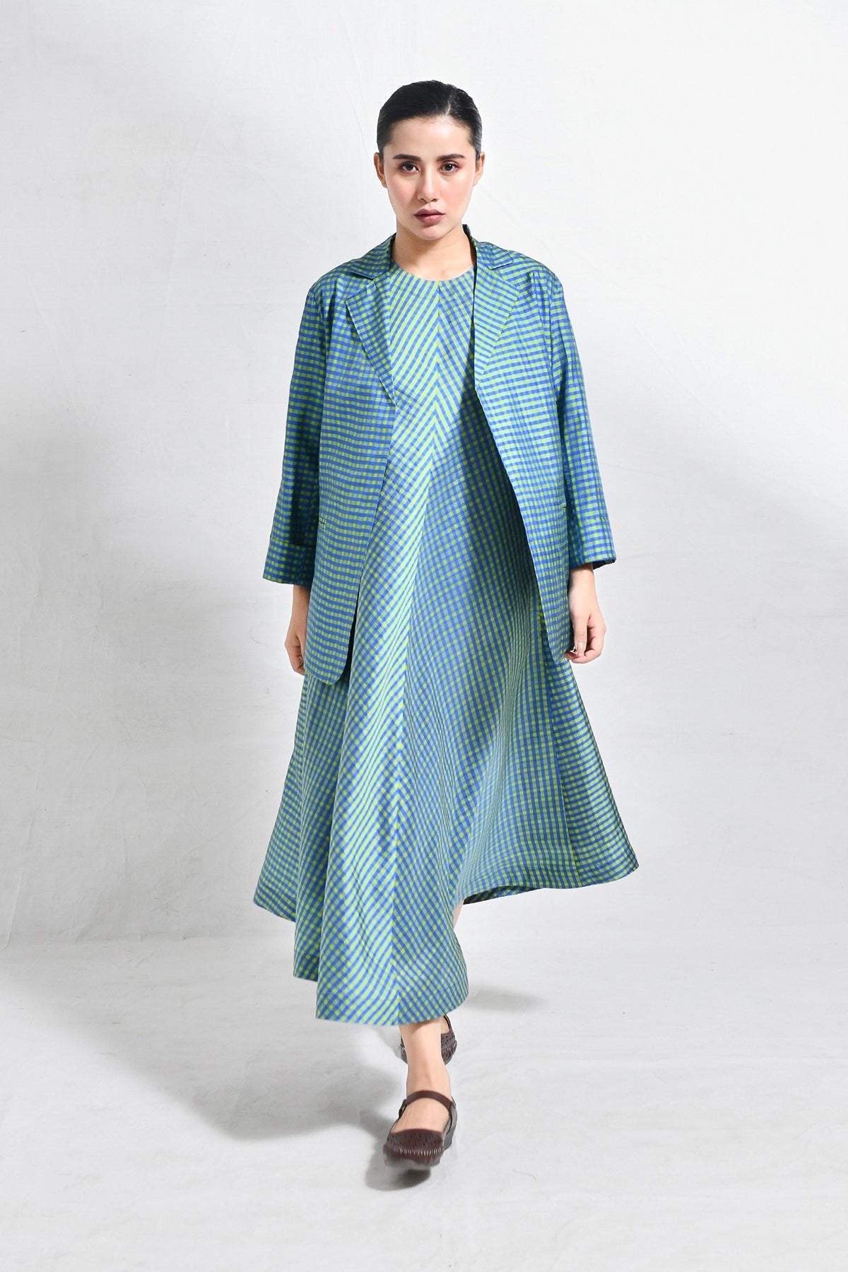 Bangalore Silk Checks Co - ord (Set of 2) - Blue and Olive - CiceroniCo - ord SetHiranya