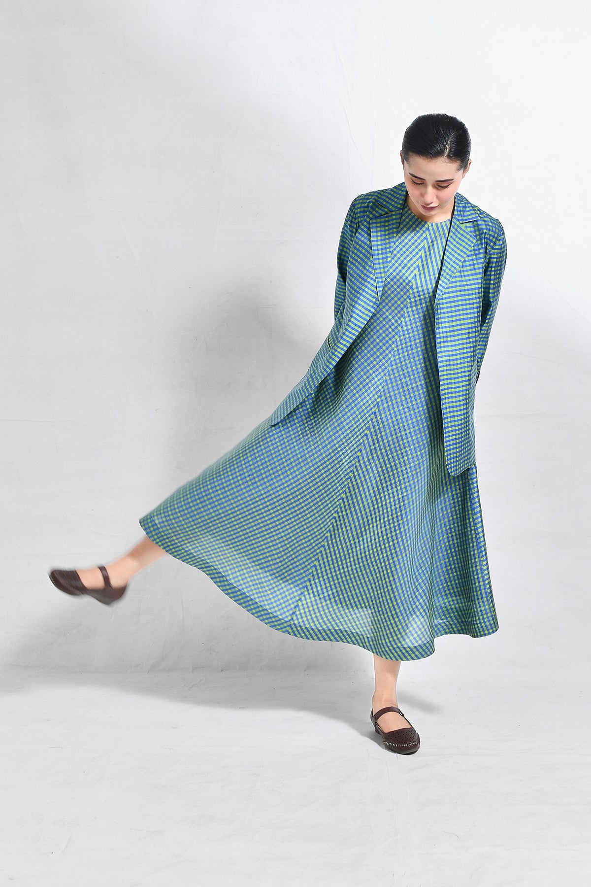 Bangalore Silk Checks Co - ord (Set of 2) - Blue and Olive - CiceroniCo - ord SetHiranya