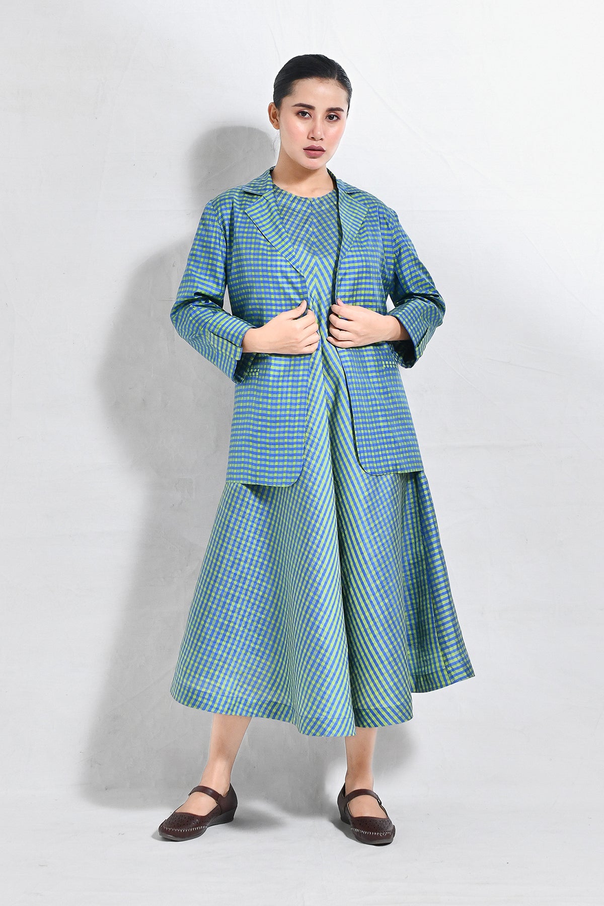 Bangalore Silk Checks Co - ord (Set of 2) - Blue and Olive - CiceroniCo - ord SetHiranya