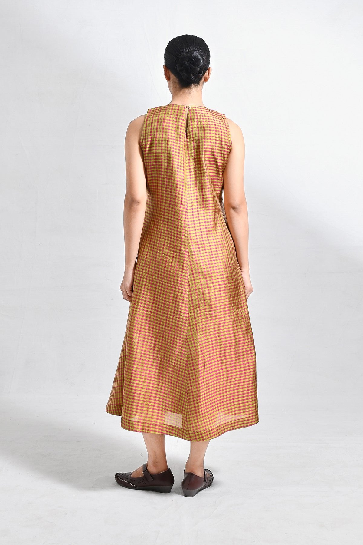Bangalore Silk Checks Sleeveless A - line Dress - CiceroniDressesHiranya