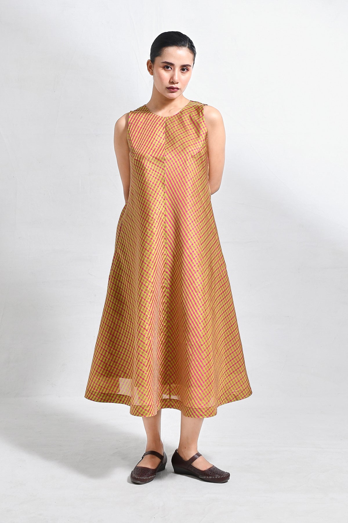 Bangalore Silk Checks Sleeveless A - line Dress - CiceroniDressesHiranya